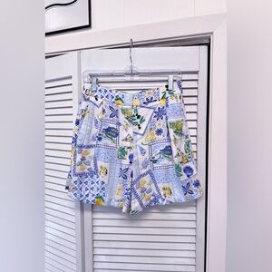 J.Crew Women’s Blue and Yellow Patterned Linen Shorts - Size 4